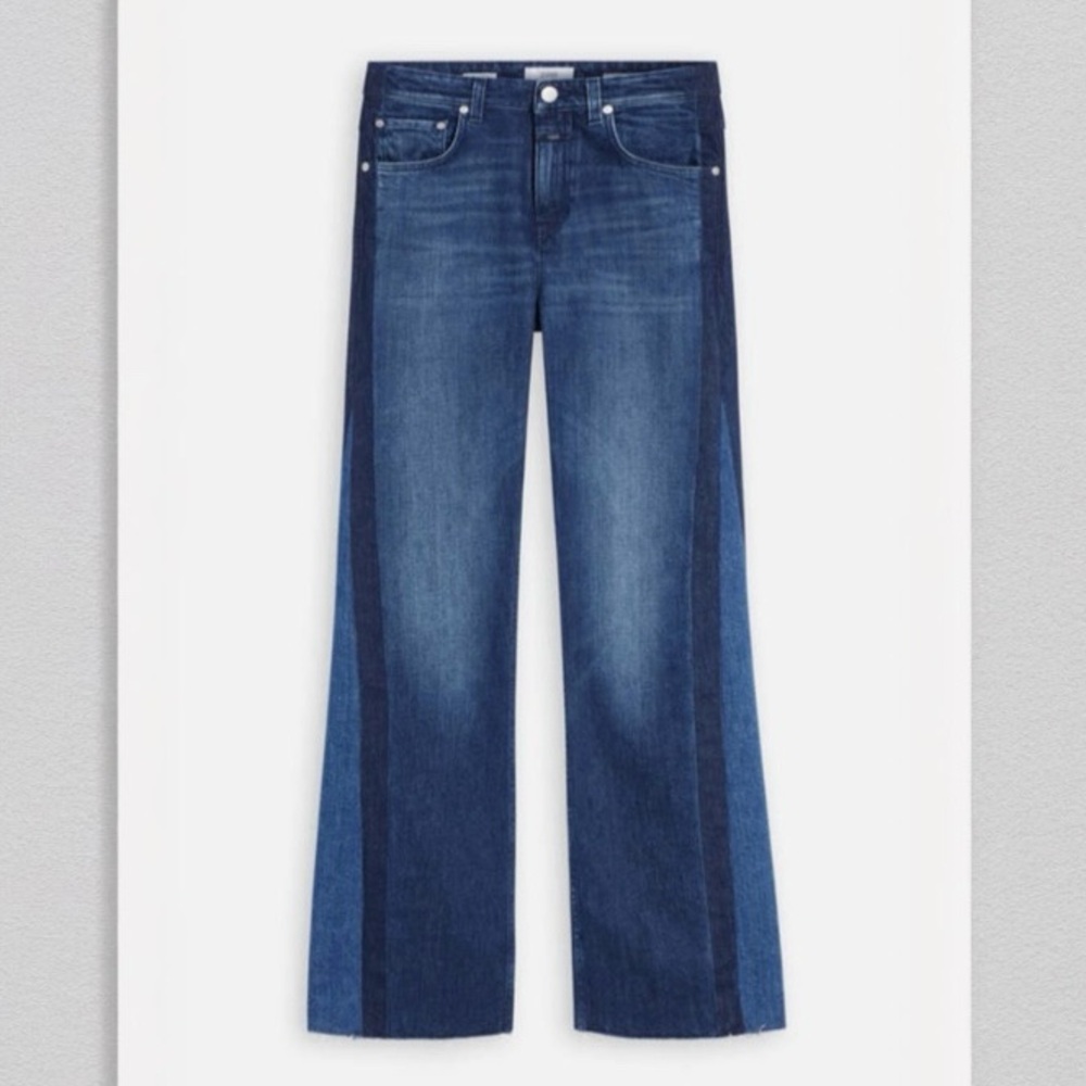 Closed Italy Organic Cotton Denim Baylin Wide Leg Raw Hem Jeans Size 27 Two Tone